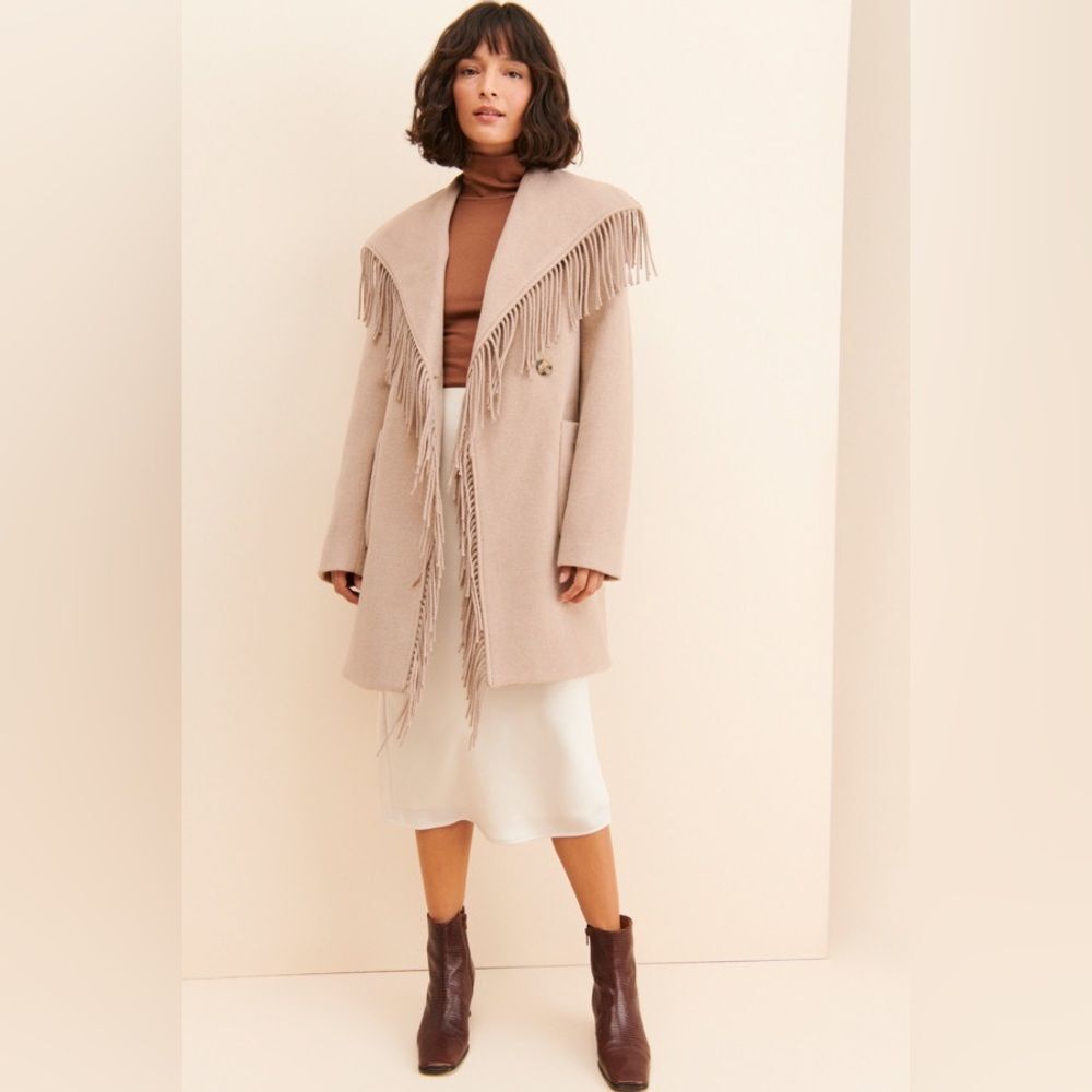 Medium badgley Mischka Fringed Shawl Collar Wool blend Coat Beige tan